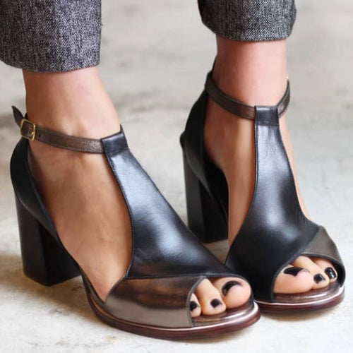 Women's Black Open Toe Heels with Ankle Strap