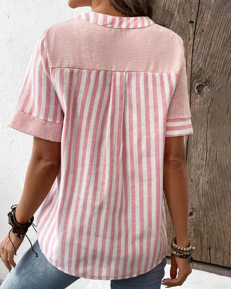 Women's Patchwork Stripe Blouse with Button Front