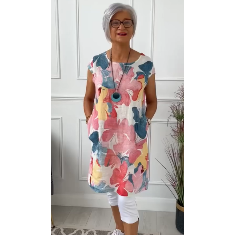 Women's Vibrant Floral Dress Cap Sleeve Round