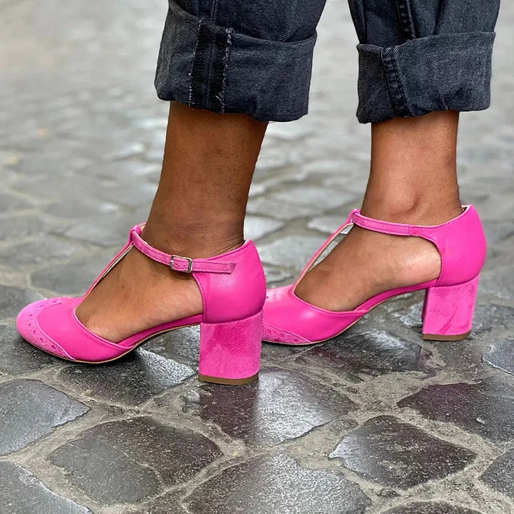 Women's Closed Toe T-Strap Block Heels