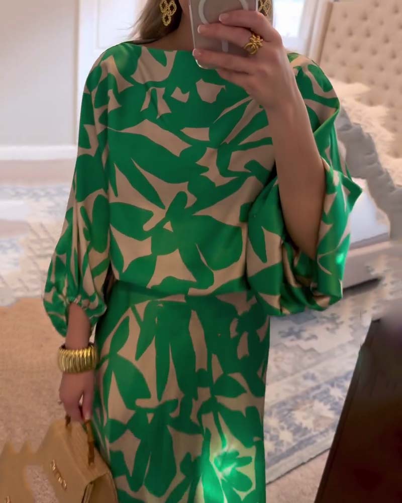 Women's Printed Long Sleeve Top and Midi Skirt Set