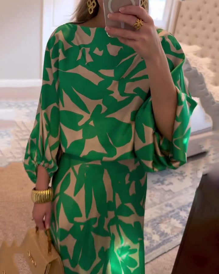 Women's Printed Long Sleeve Top and Midi Skirt Set