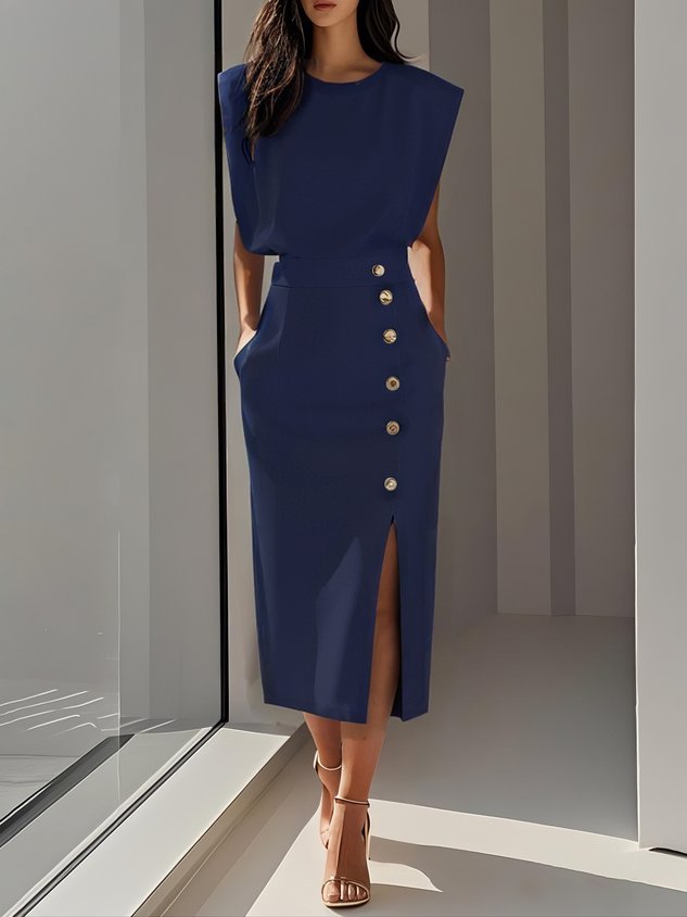 Women's Structured Midi Dress with Side Button Detail and Front Slit
