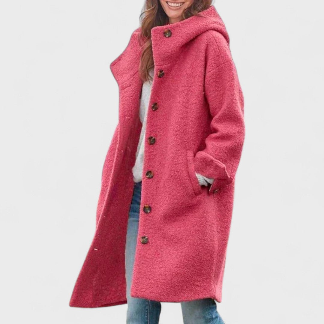 Women's Double Breasted Longline Coat with Button Front and Hood
