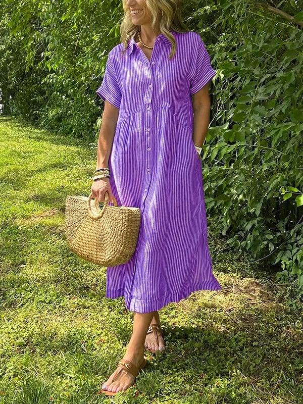 Women's Midi Dress with Button-Up Front and Vertical Stripes