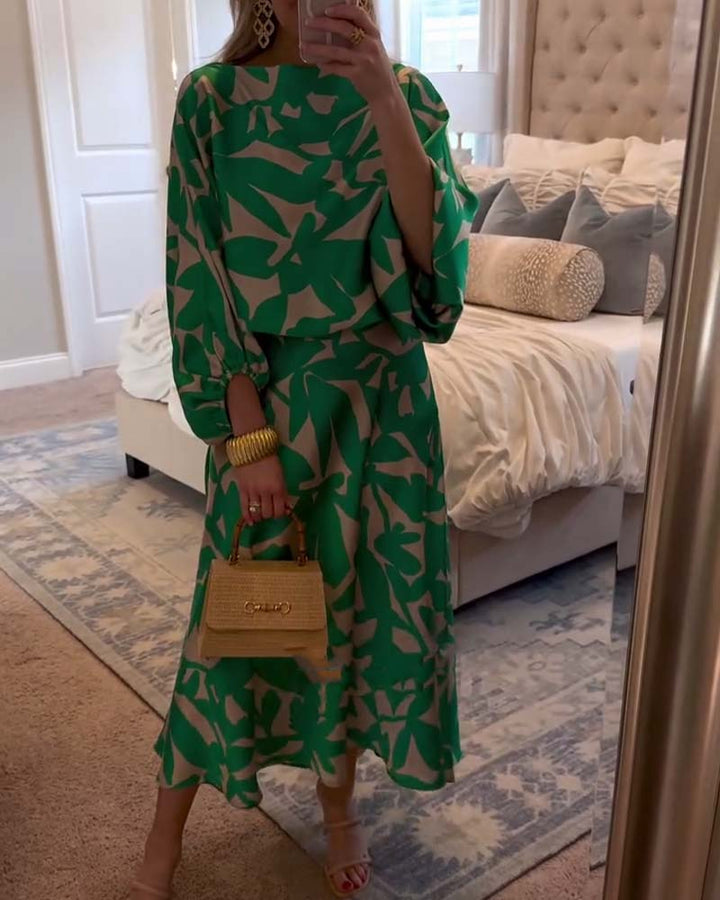 Women's Printed Long Sleeve Top and Midi Skirt Set