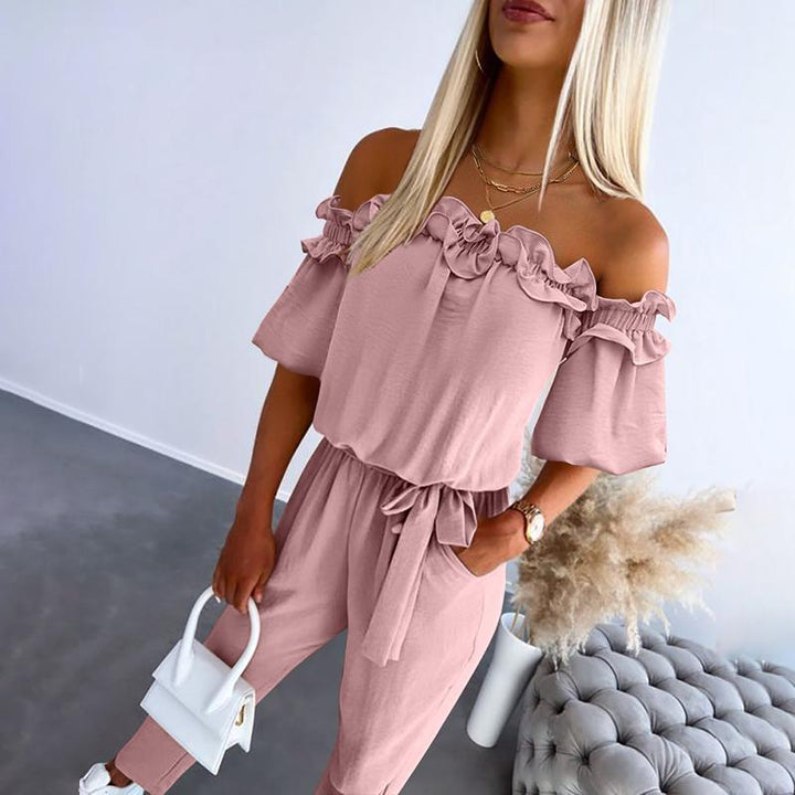 Women’s Off Shoulder Jumpsuit with Frill Neckline Tie Waist