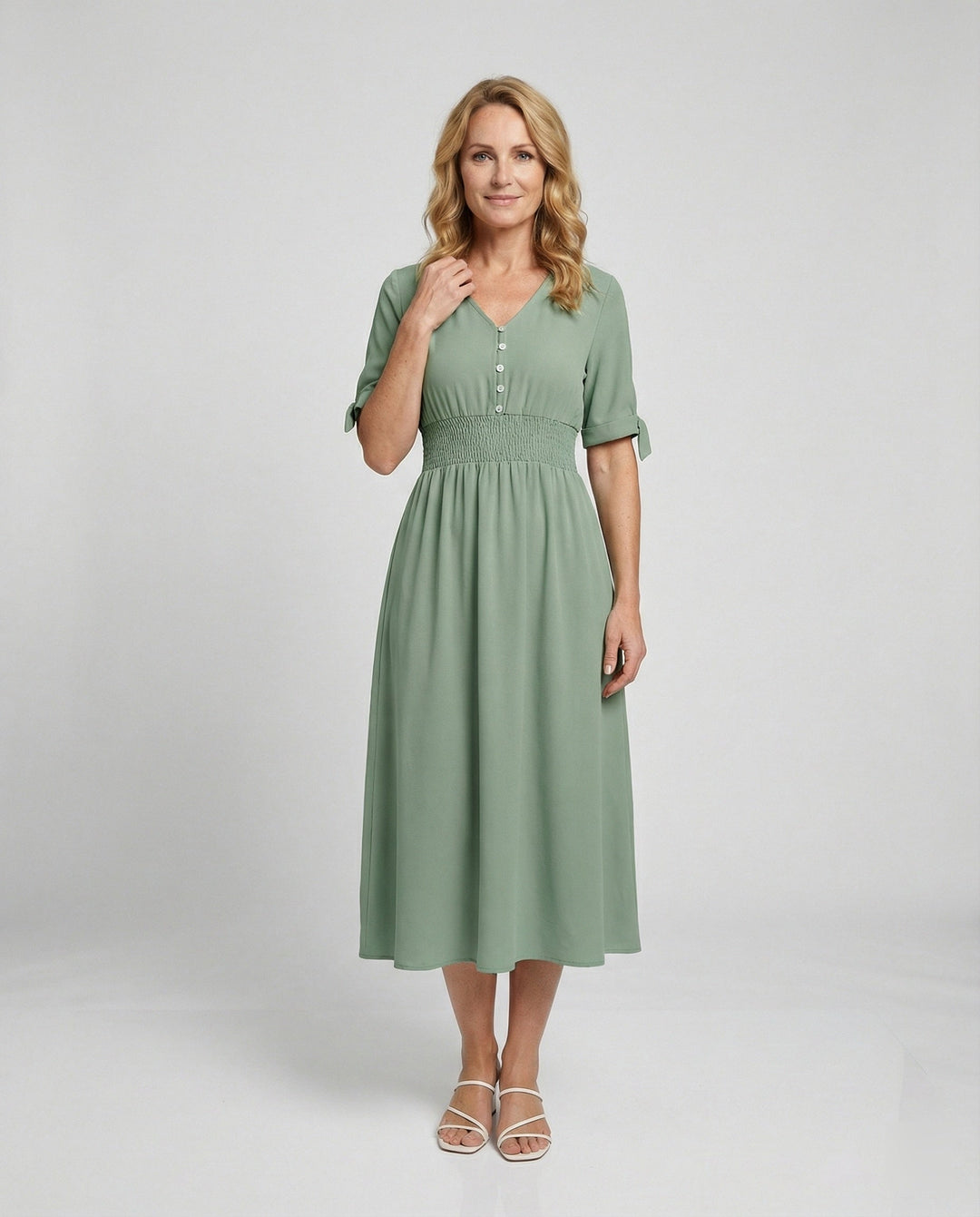 Women's midi dress with V-neck and button placket