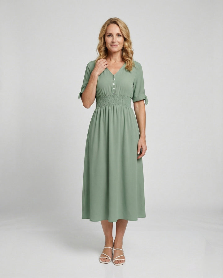 Women's midi dress with V-neck and button placket