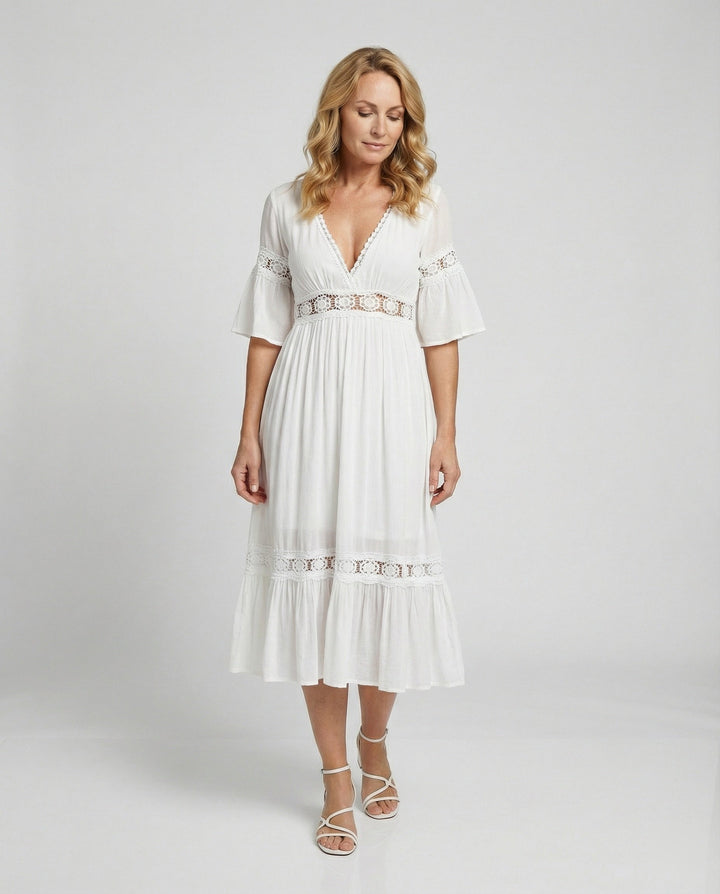 Ladies Midi Dress Lace V-Neck