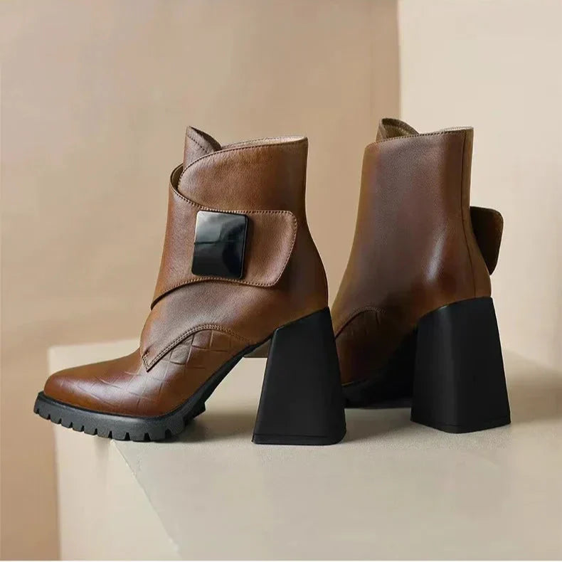 Women's Ankle Boots with Upper Strap and Block Heel