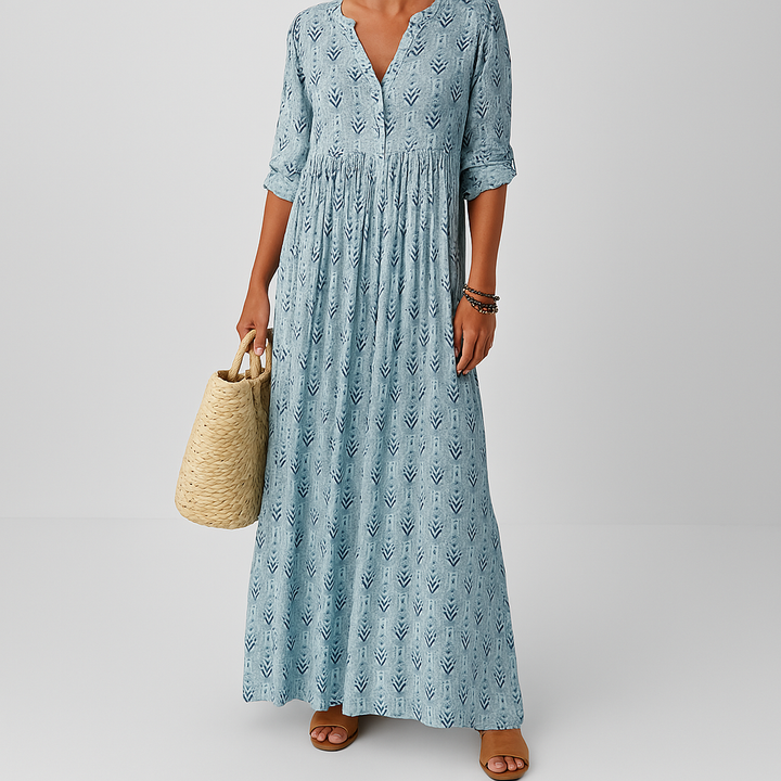 Women's Boho Maxi Dress with V-Neck and Roll-Up Sleeves