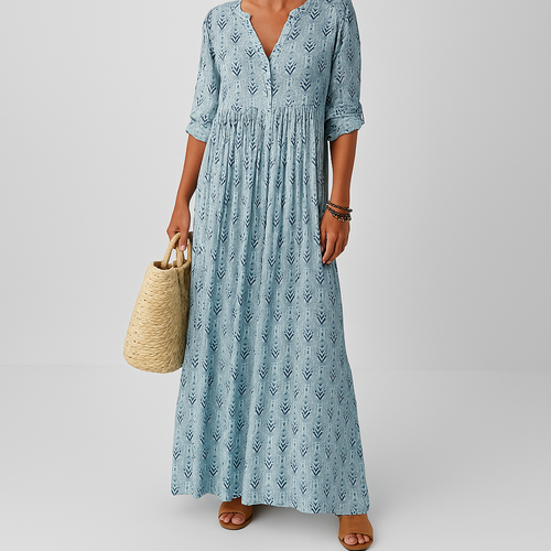 Women's Boho Maxi Dress with V-Neck and Roll-Up Sleeves