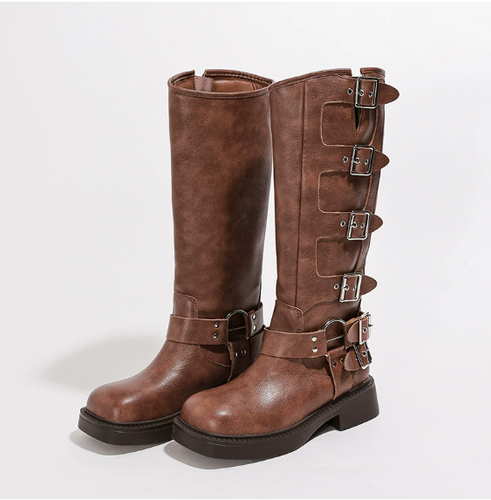 Women's Brown Knee-High Boots with Multiple Buckles