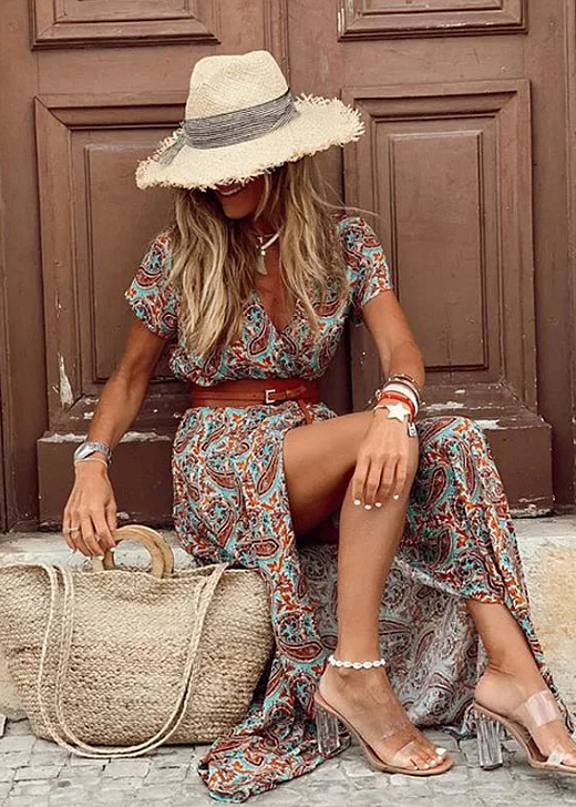 Women's Boho Maxi Dress with V-Neck and Front Split