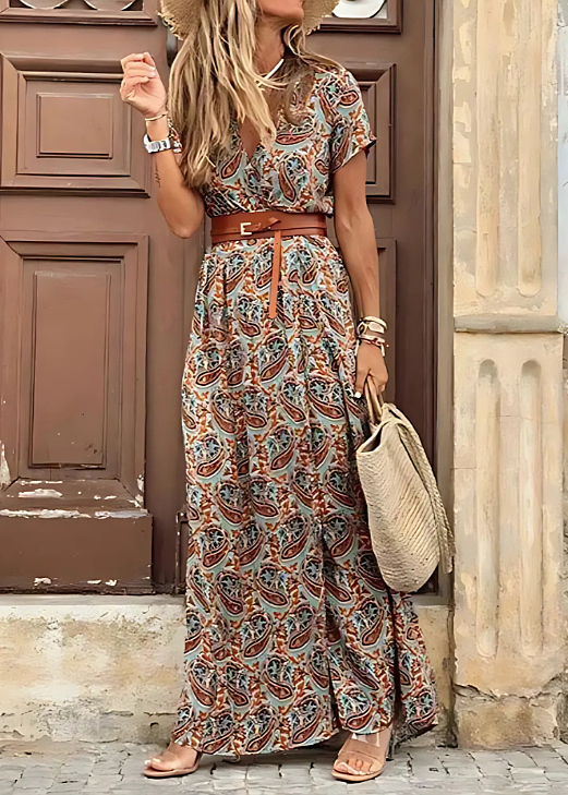 Women's Boho Maxi Dress with V-Neck and Front Split