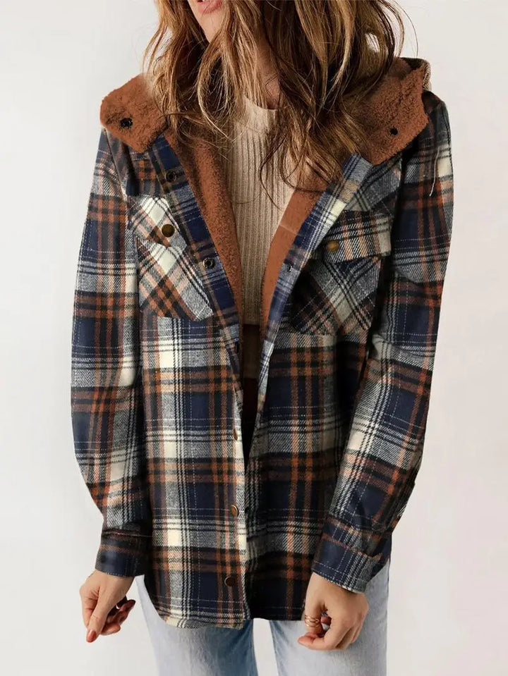 Women's Plaid Hooded Jacket with Button Front and Pockets