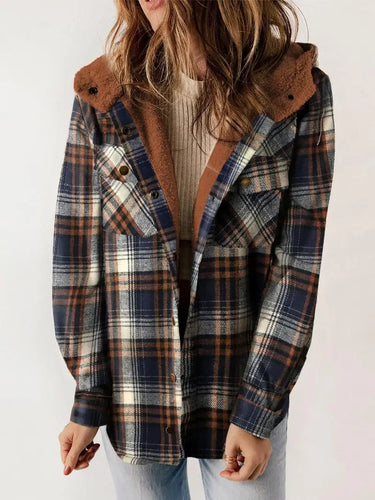 Women's Plaid Hooded Jacket with Button Front and Pockets