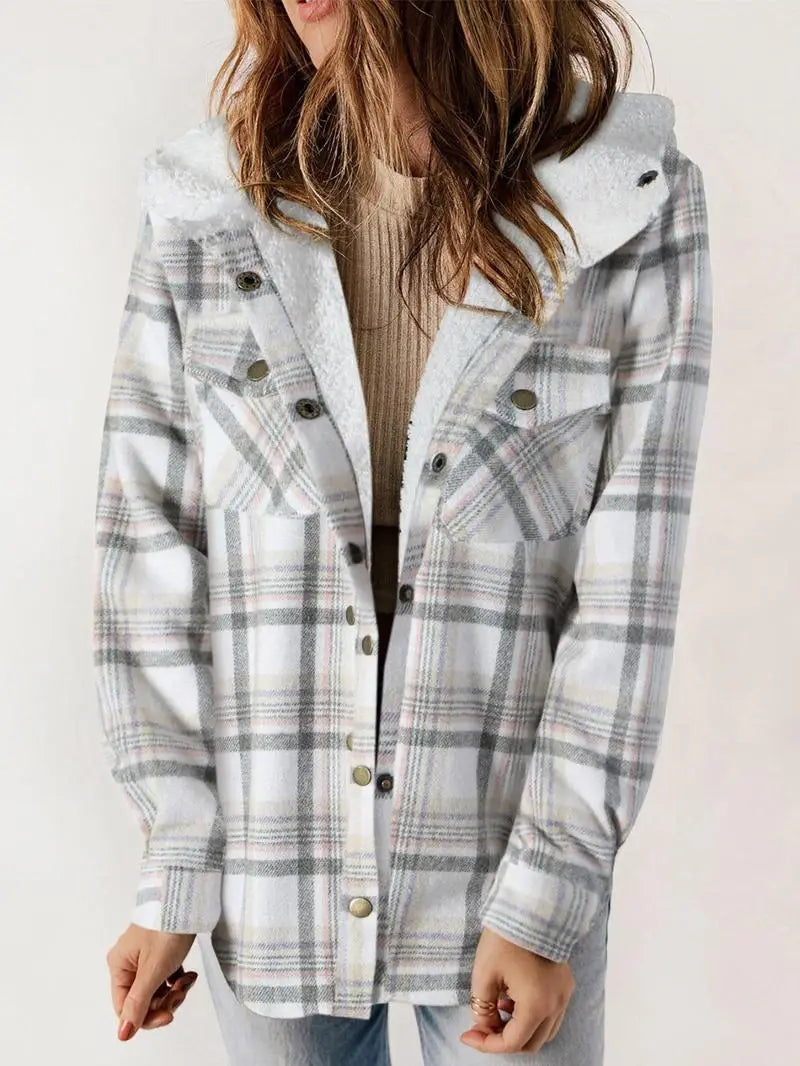 Women's Plaid Hooded Jacket with Button Front and Pockets