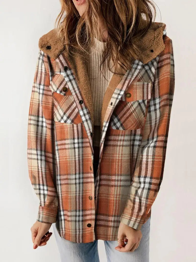 Women's Plaid Hooded Jacket with Button Front and Pockets
