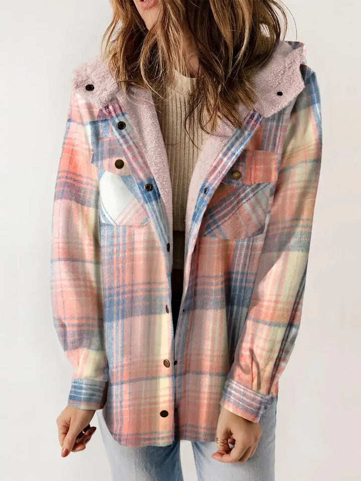 Women's Plaid Hooded Jacket with Button Front and Pockets