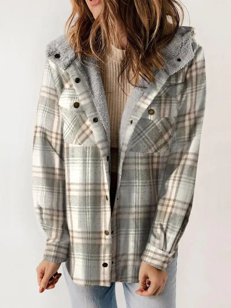 Women's Plaid Hooded Jacket with Button Front and Pockets
