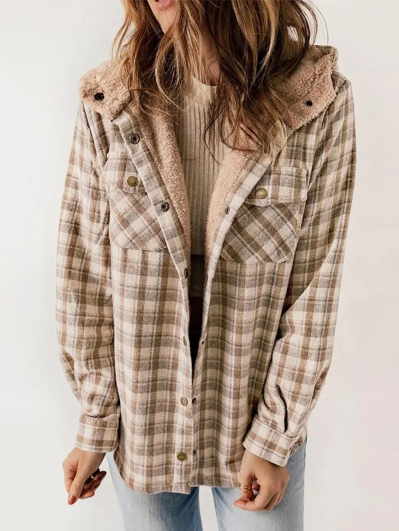 Women's Plaid Hooded Jacket with Button Front and Pockets