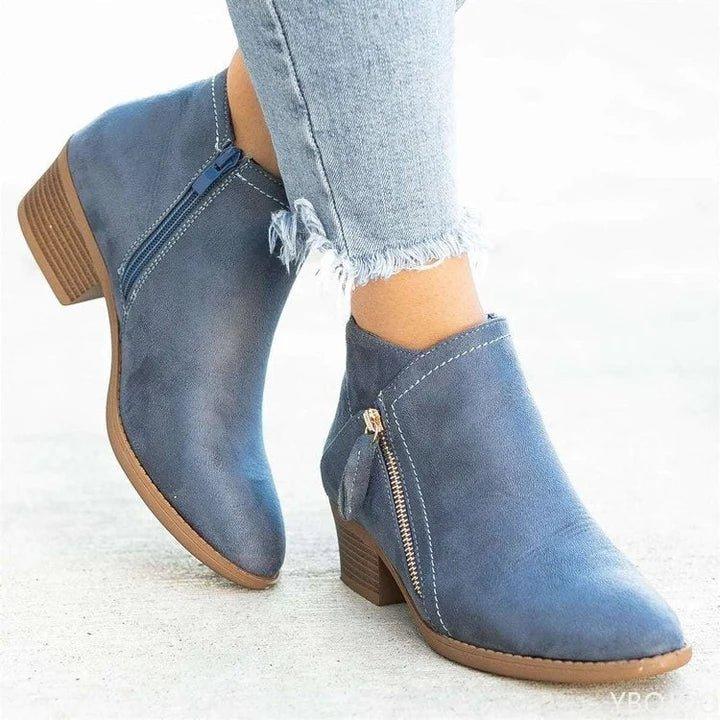 Women's Ankle Boots with Side Zipper and Block Heel