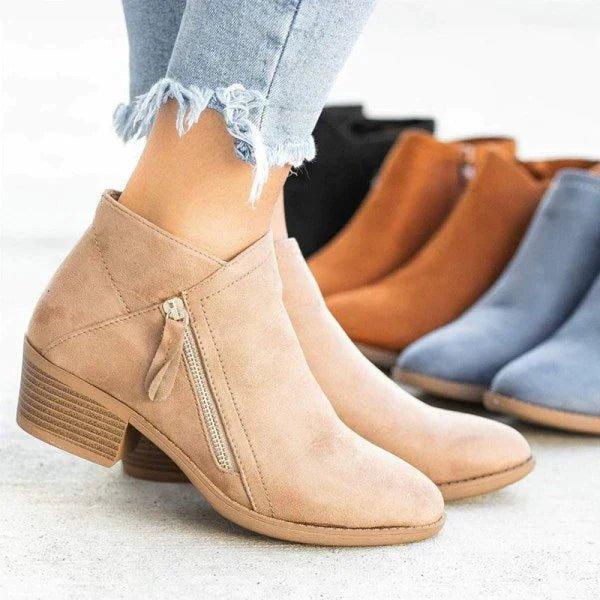 Women's Ankle Boots with Side Zipper and Block Heel
