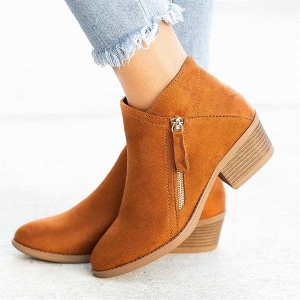 Women's Ankle Boots with Side Zipper and Block Heel