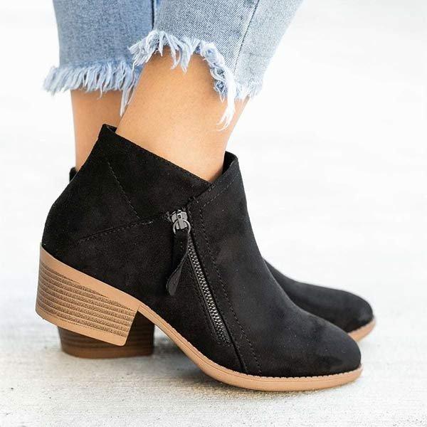 Women's Ankle Boots with Side Zipper and Block Heel