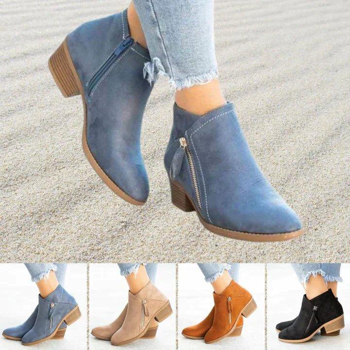 Women's Ankle Boots with Side Zipper and Block Heel