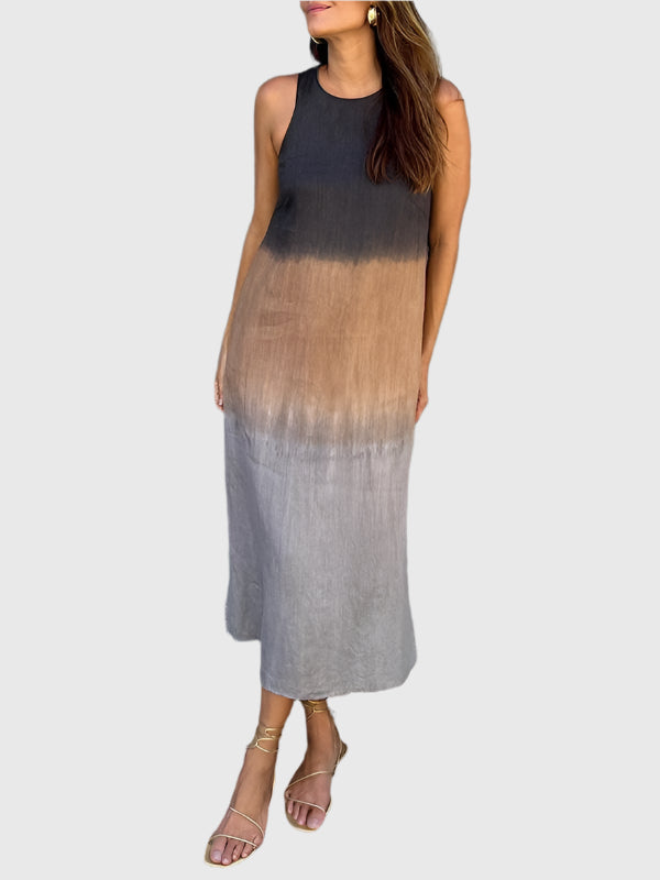 Women's Sleeveless Midi Dress with Round Neckline and Ombre Effect
