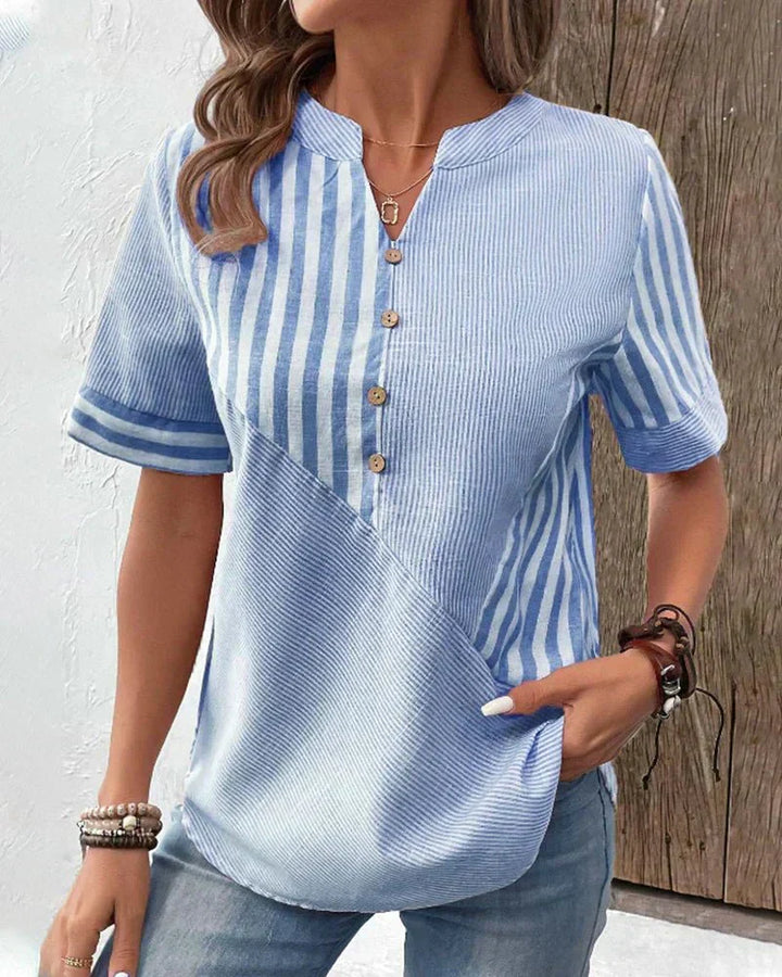 Women's Patchwork Stripe Blouse with Button Front