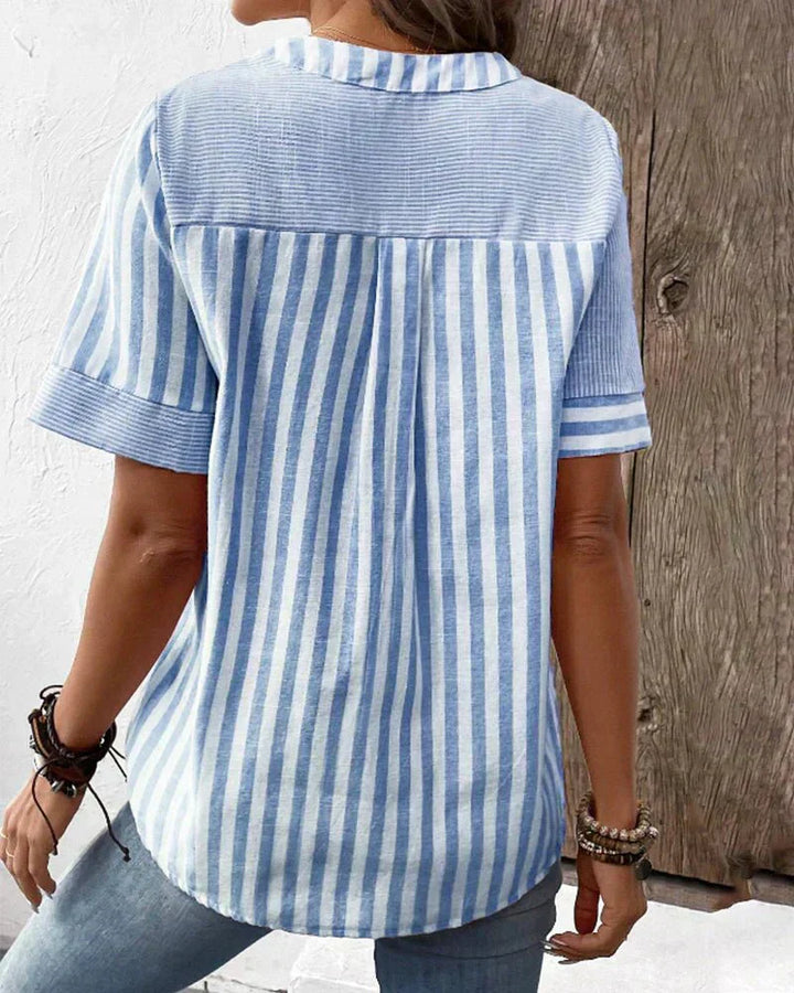 Women's Patchwork Stripe Blouse with Button Front