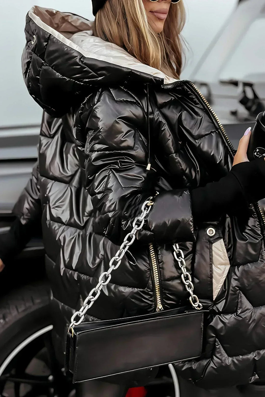 Women's Longline Jacket with Quilted Panel and Zip Hood