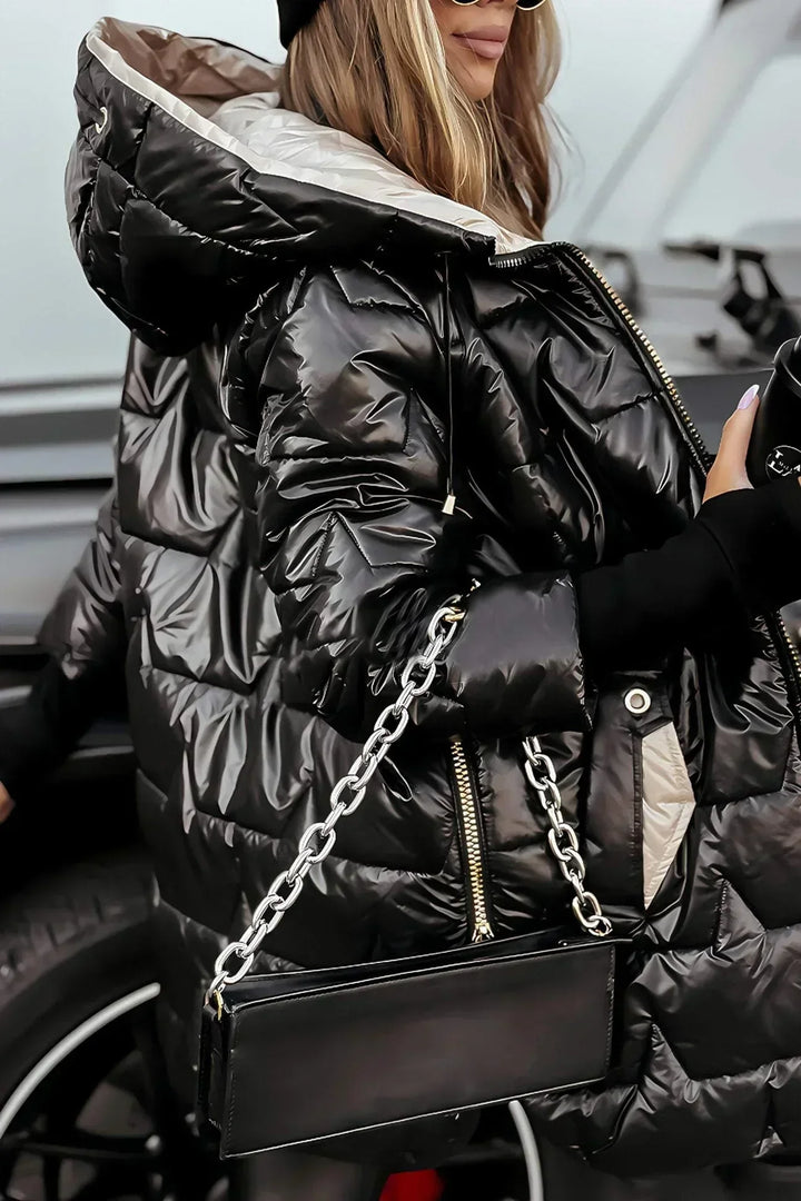 Women's Longline Jacket with Quilted Panel and Zip Hood