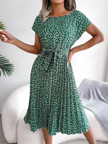 Women's Midi Dress with Tie Waist Detail and Pleated Skirt