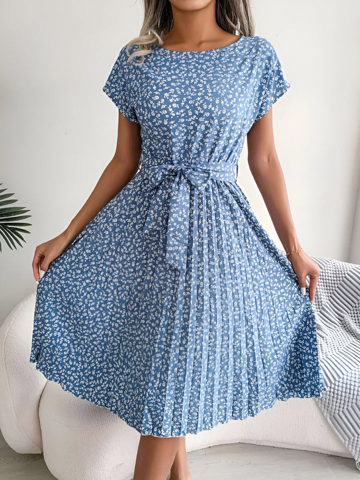 Women's Midi Dress with Tie Waist Detail and Pleated Skirt