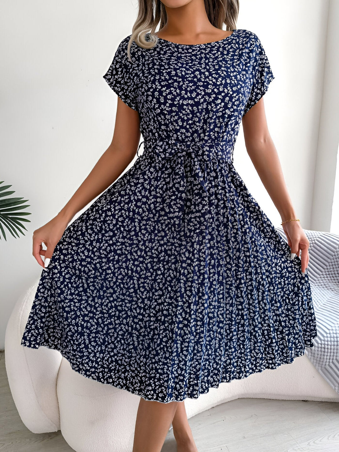 Women's Midi Dress with Tie Waist Detail and Pleated Skirt