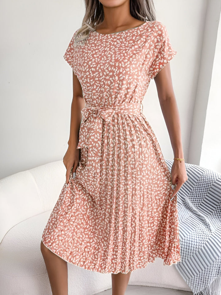 Women's Midi Dress with Tie Waist Detail and Pleated Skirt
