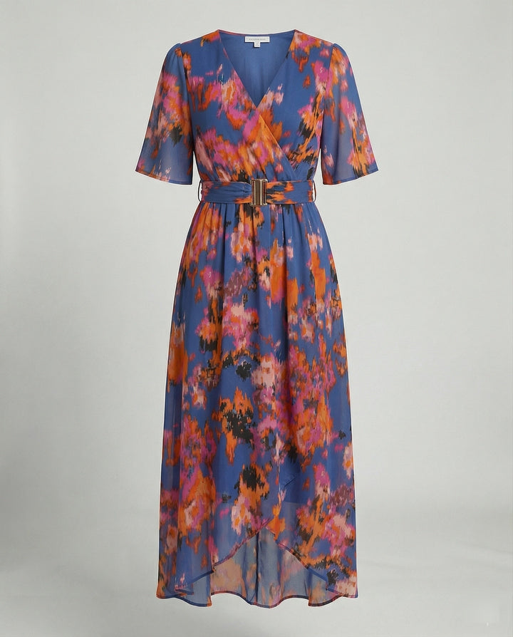 Women's maxi dress with belt asymmetric