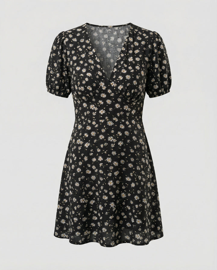 Ladies fitted mini dress with puff sleeves