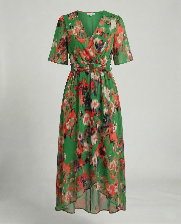 Women's maxi dress with belt asymmetric