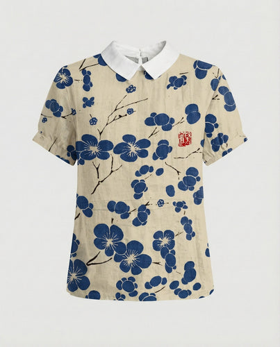 Ladies Blouse Linen Peter Pan Collar