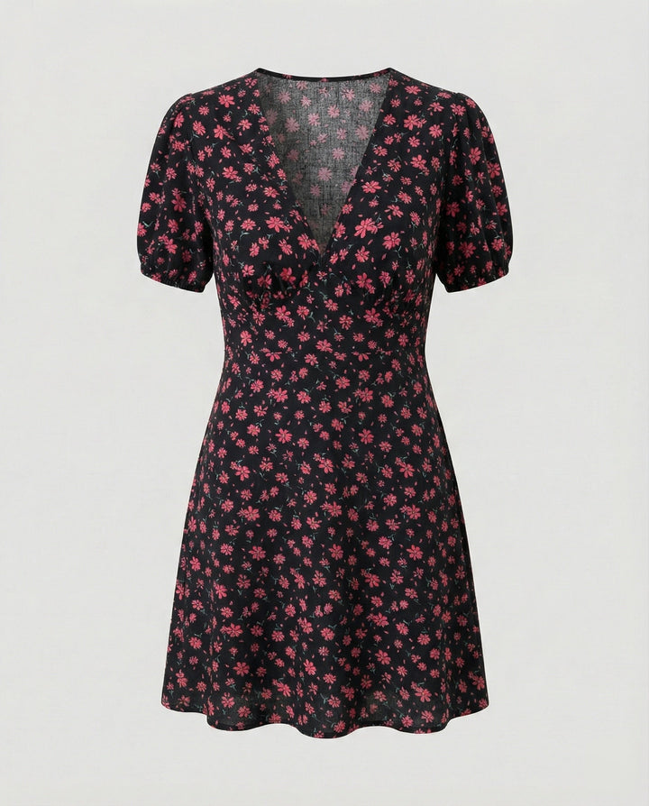 Ladies fitted mini dress with puff sleeves