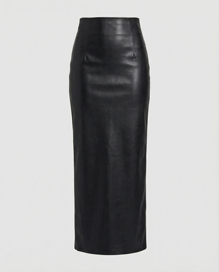 Women's fitted artificial leather midi skirt