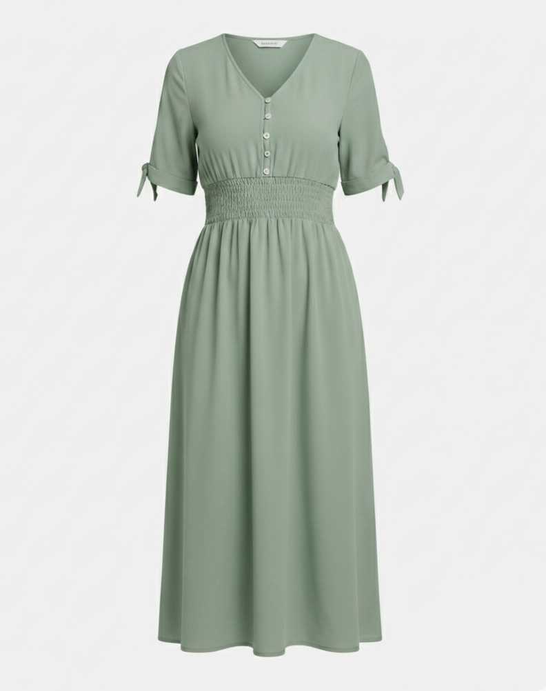 Women's midi dress with V-neck and button placket