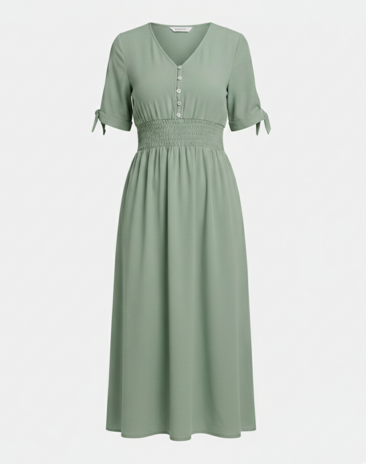 Women's midi dress with V-neck and button placket