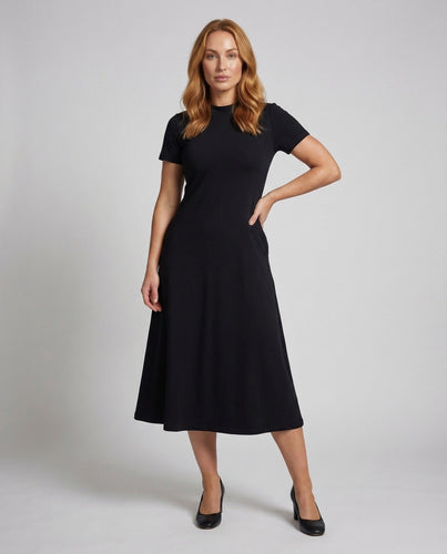 Women's midi dress with stand-up collar and puff sleeves